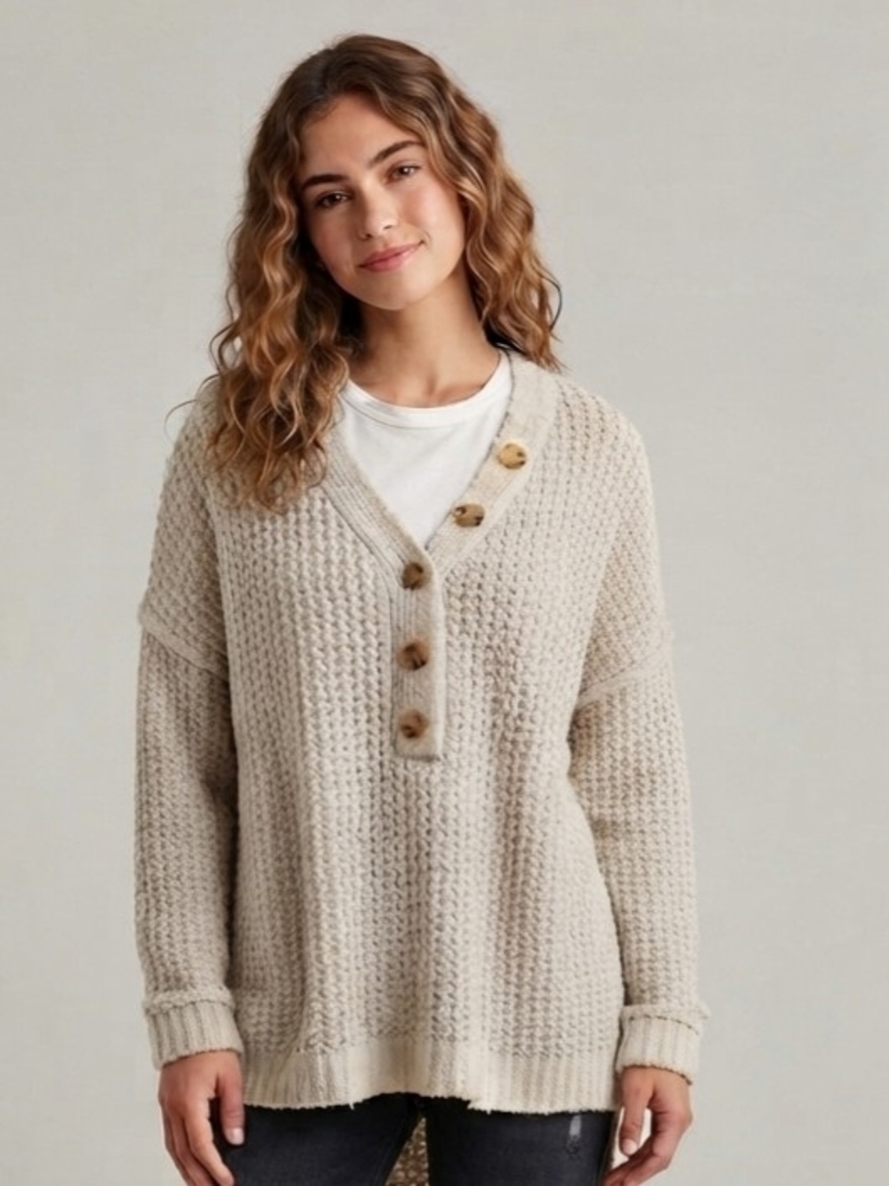 Free People Button-Placket  V-Neck Sweater in Cream Size XL